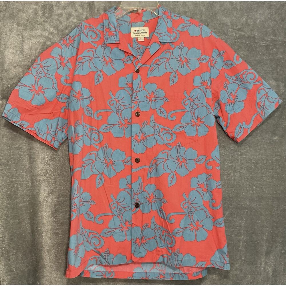 Royal Hawaiin Creations Large Mens Coral + Blue Hibiscus Shirt Hawaii USA Floral